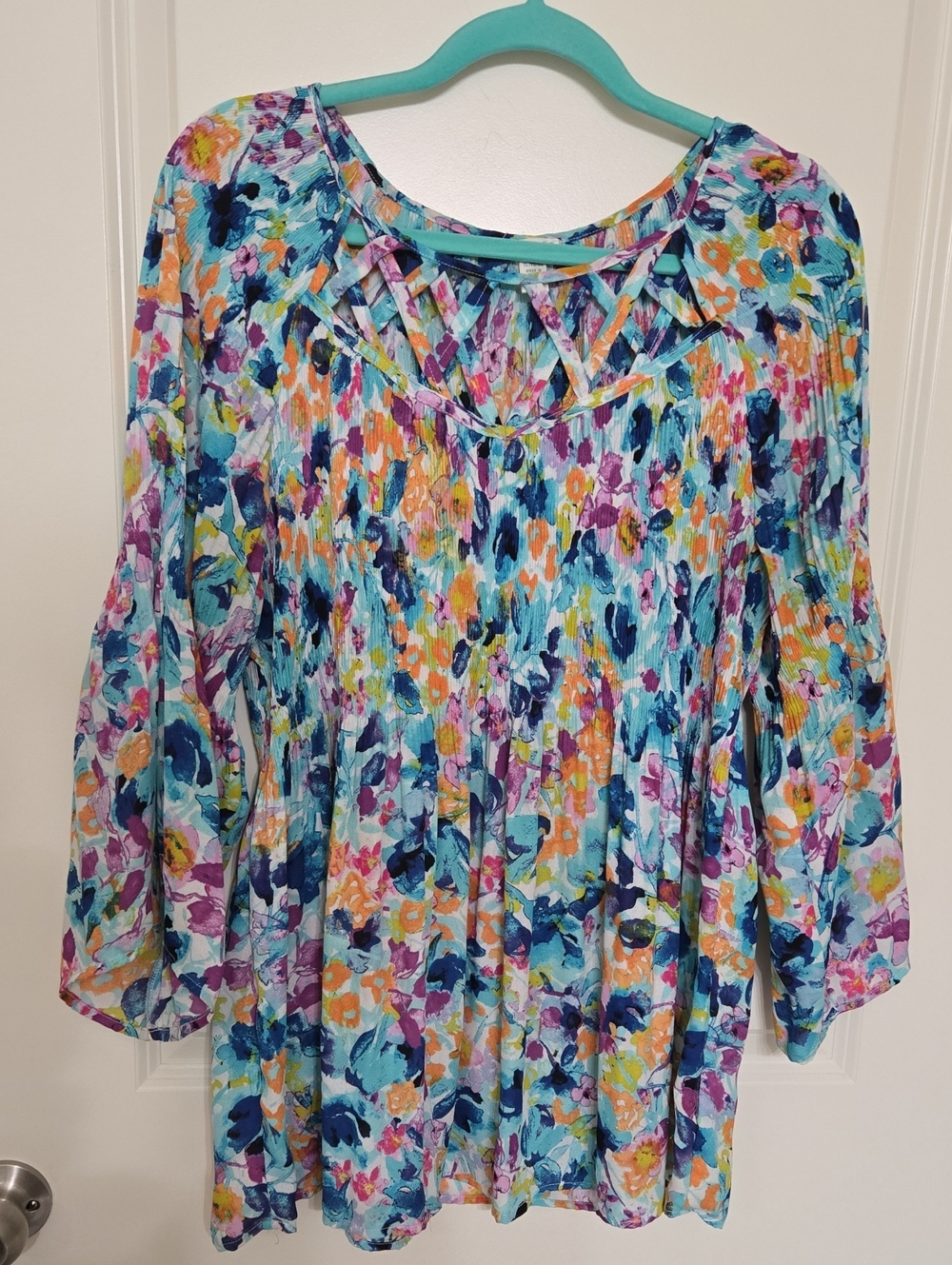 Spense Aqua Multi Floral Lattice-Neck Tunic